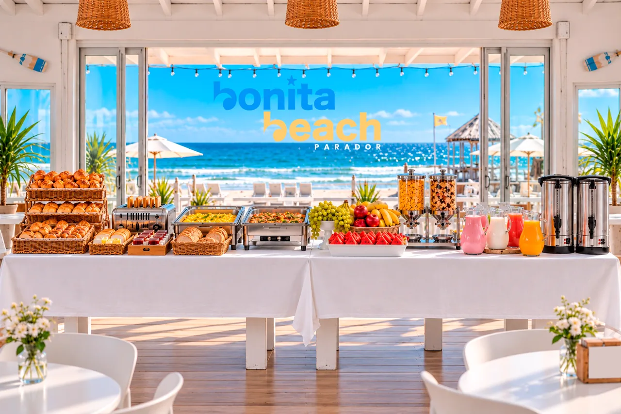 Desayuno buffet en el parador Bonita Beach, con el mar de fondo